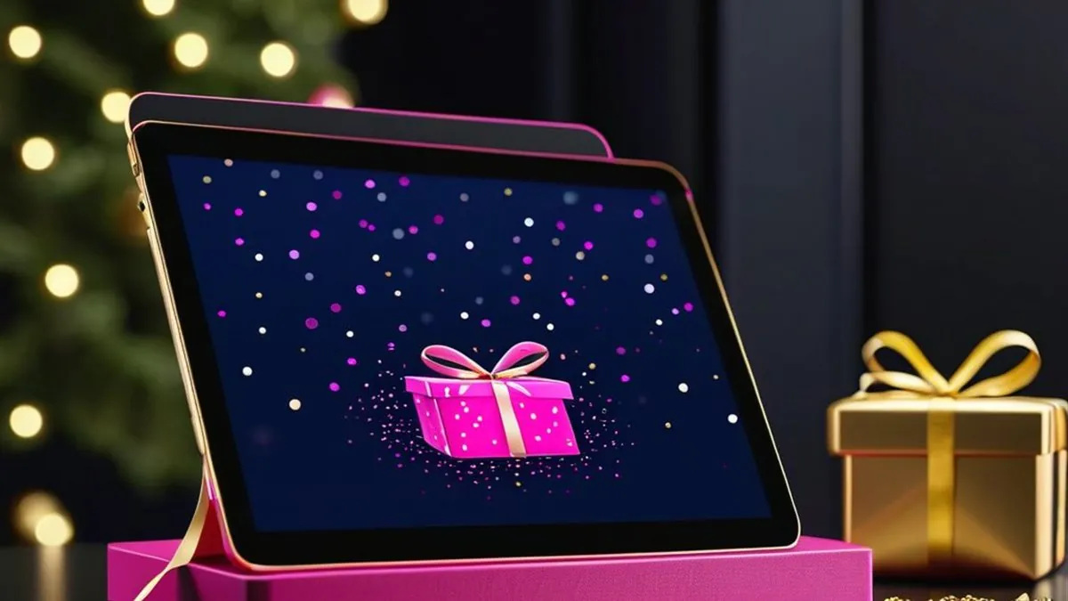 Tablet con un regalo rosa y confeti en pantalla junto a una caja de regalo dorada