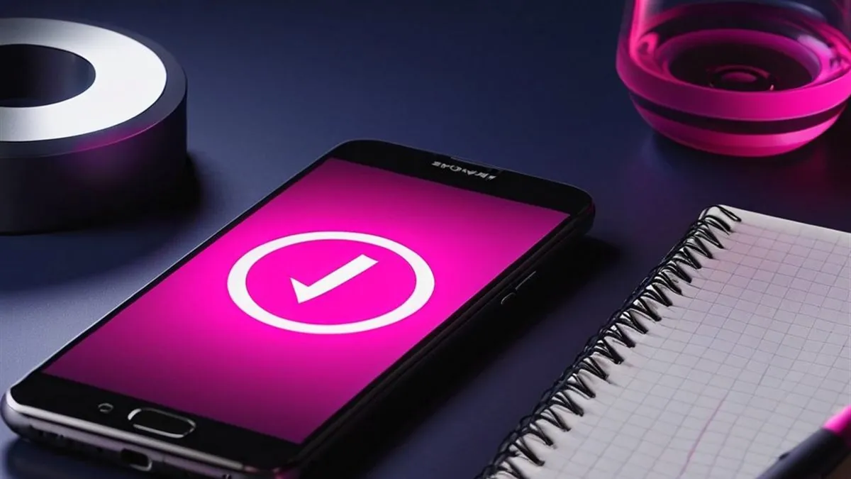 Celular con una marca de verificación blanca sobre pantalla rosa junto a un cuaderno