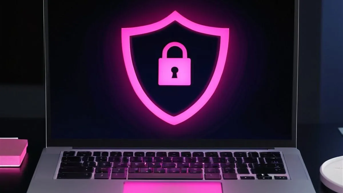 Laptop con un escudo rosa luminoso y un candado en la pantalla oscura