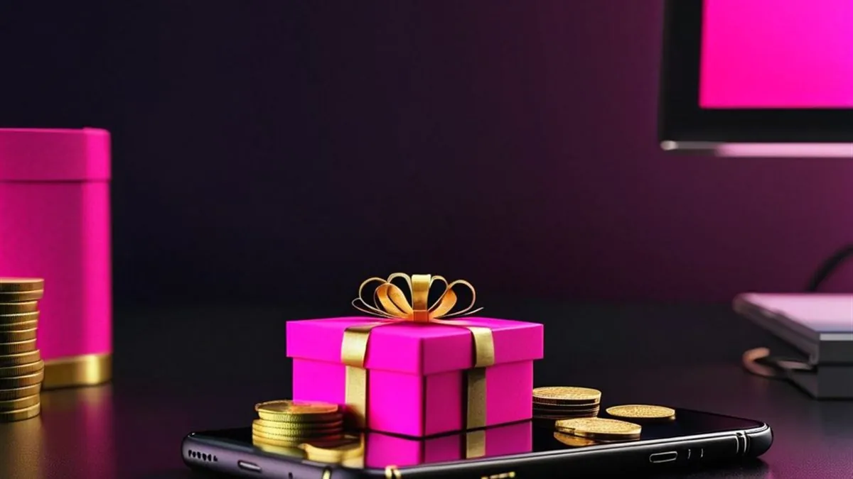 Caja de regalo rosa con moño dorado sobre un celular junto a monedas doradas