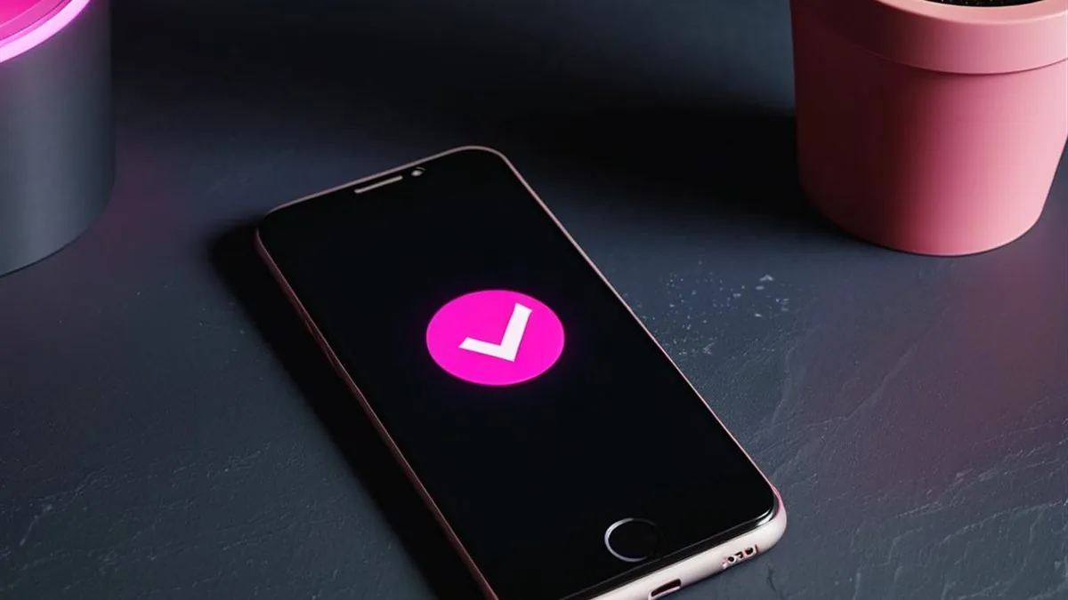 Celular sobre una mesa oscura con una marca de verificación rosa en pantalla junto a una planta