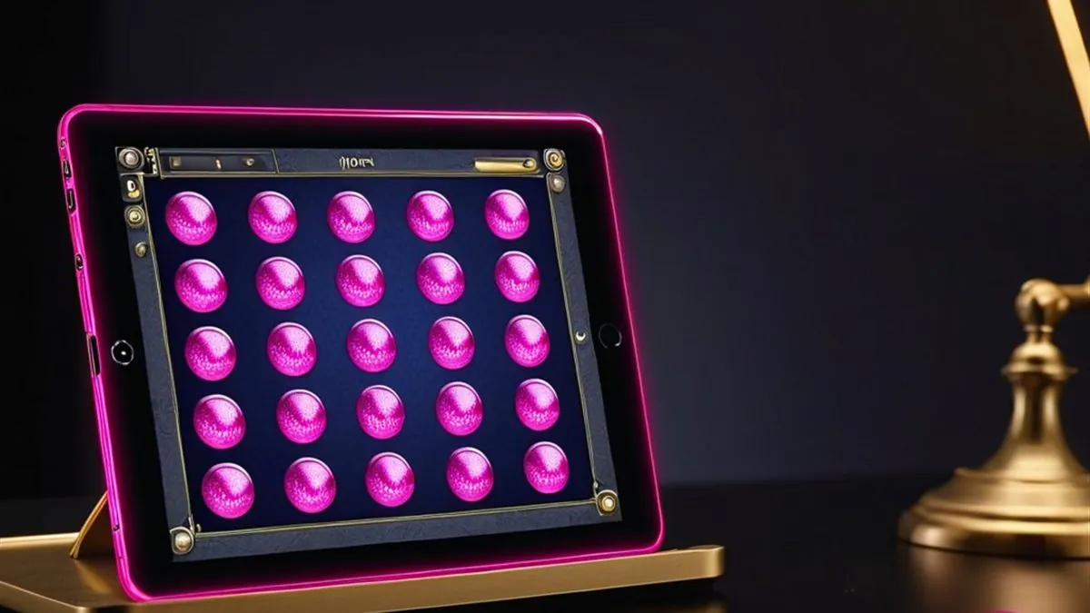 Tablet con borde rosa y una cuadrícula de gemas rosas en pantalla sobre una base dorada